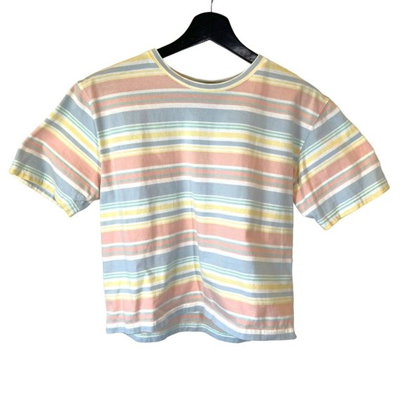 Vintage Tops - Vintage 90s Multicolor Stripe Short Sleeve Boxy Top Small
